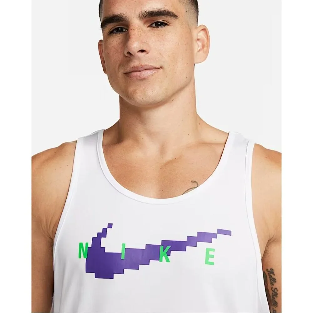 Nike SWIM RI-FIT Digi Logo Tank Top Shirt White NESSD668 Men's Large New with Ta